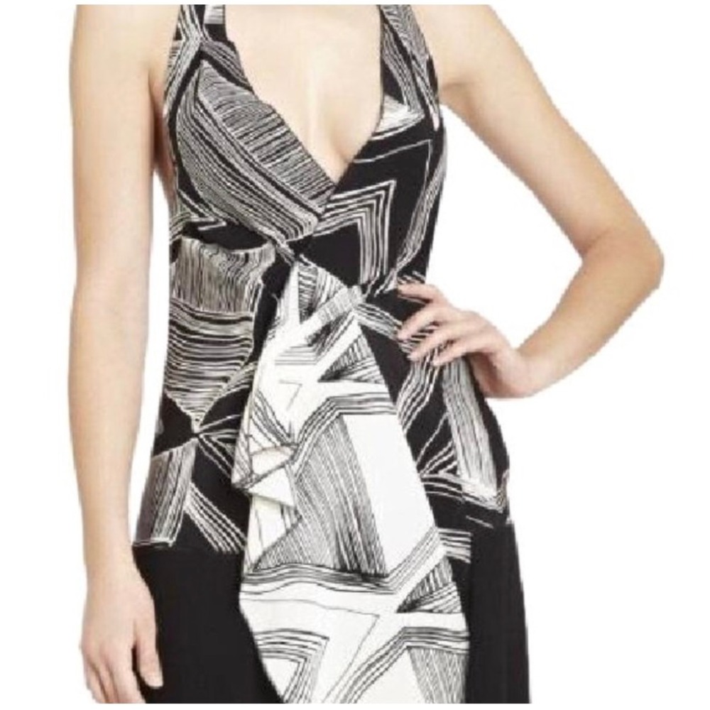 BCBGMAXAZRIA Runway Silk Halter Dress Black Cream Geometric PZV6L724-003 S